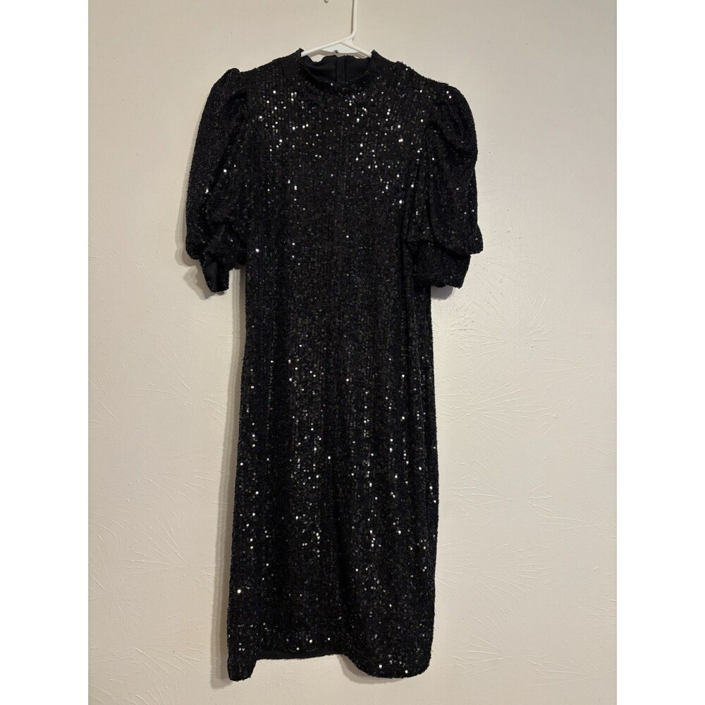 Black Sequin Dress Small Puff Short-Sleeves Glam Fem Sparkle High Neck Holiday